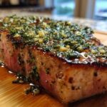 Close-up of a thick, seared tuna steak topped generously with a glistening garlic and herb marinade.