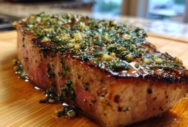 Close-up of a thick, seared tuna steak topped generously with a glistening garlic and herb marinade.