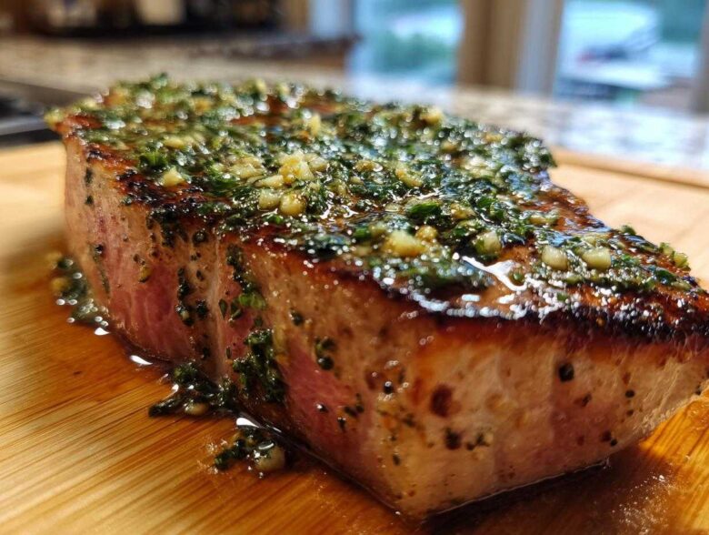 Close-up of a thick, seared tuna steak topped generously with a glistening garlic and herb marinade.