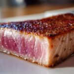 Close-up of a perfectly seared tuna steak, showing a dark crust and a bright pink, rare center, ideal for a MARINADE FOR TUNA STEAK.