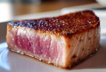 Close-up of a perfectly seared tuna steak, showing a dark crust and a bright pink, rare center, ideal for a MARINADE FOR TUNA STEAK.