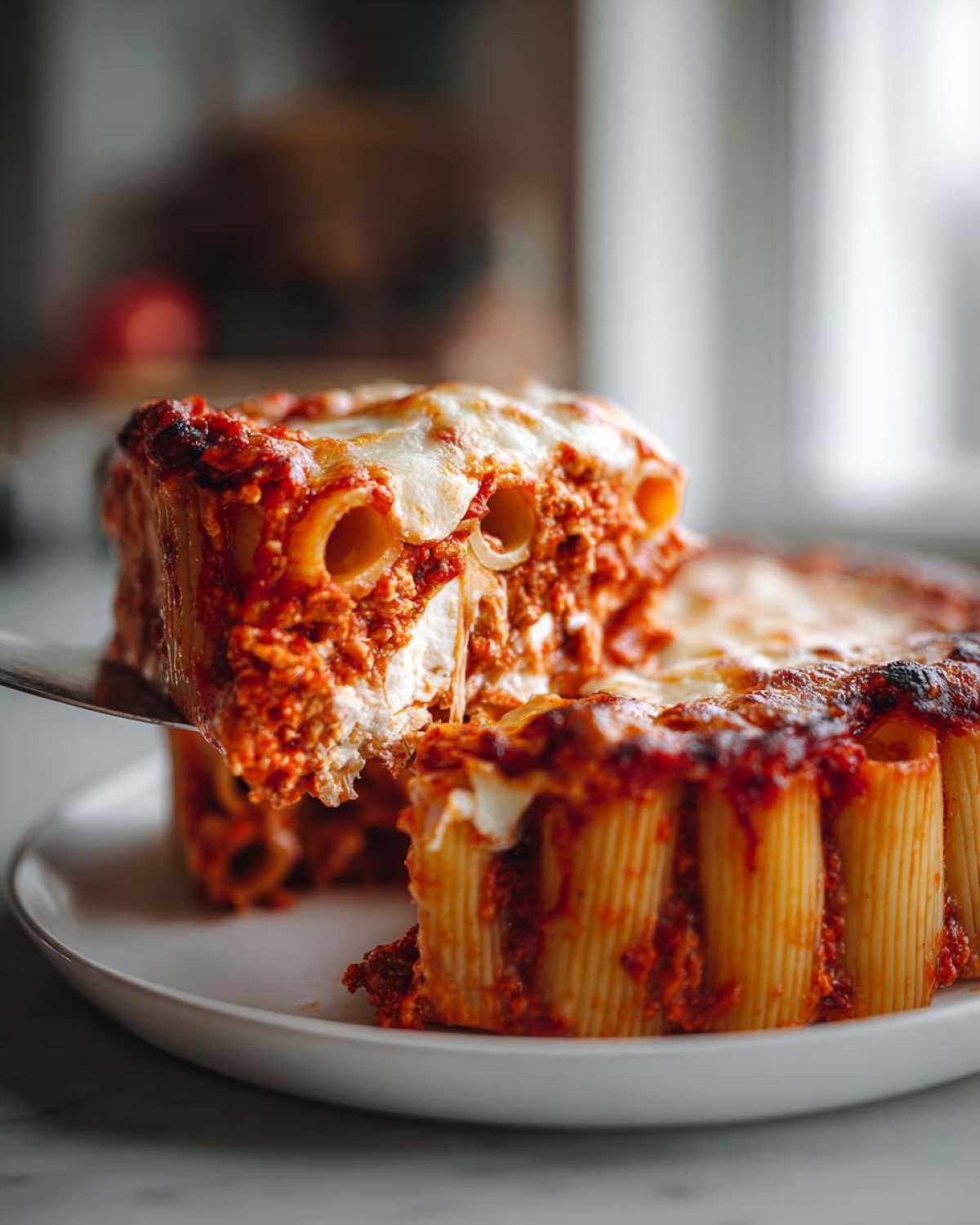 A spatula lifts a perfectly portioned slice of baked ziti pasta bake, showing ricotta and meat sauce.