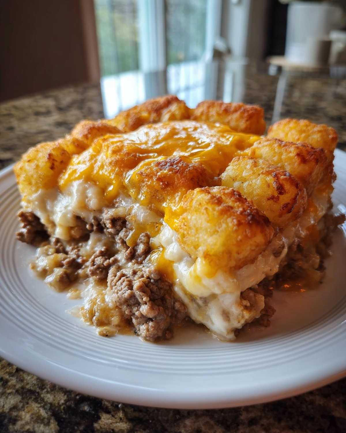 A close-up serving of tater tot casserole showing ground beef, creamy sauce, melted cheddar cheese, and crispy tater tots.