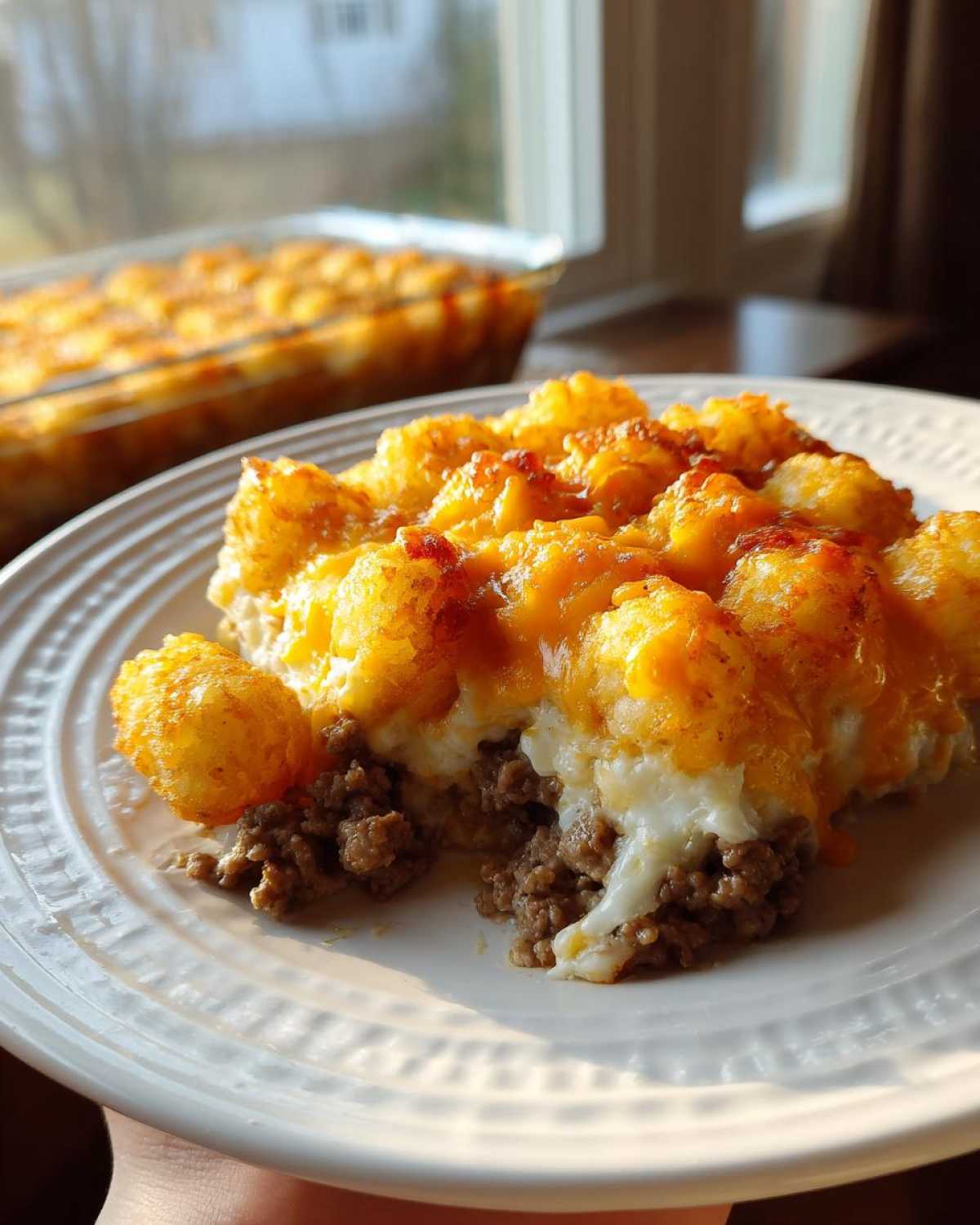 A close-up serving of tater tot casserole showing a layer of ground beef, creamy sauce, and crispy, cheesy tater tots on top.