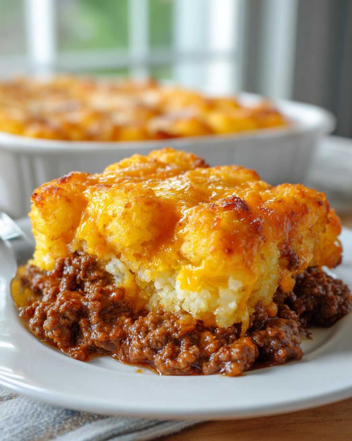 A close-up serving of tater tot casserole showing a layer of seasoned ground meat topped with golden, cheesy tater tots.