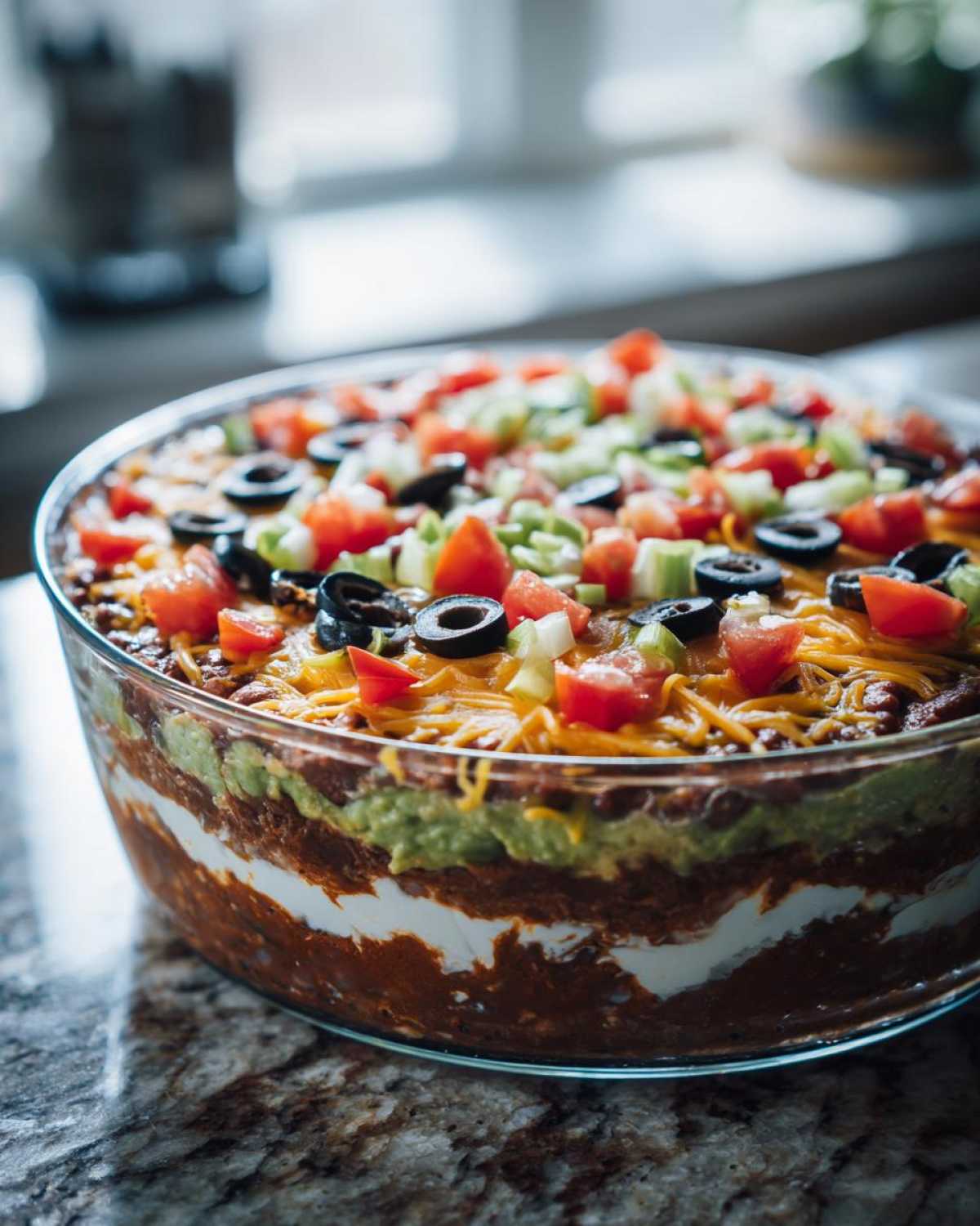 A clear glass bowl showcasing the distinct layers of a colorful Seven layer dip, topped with tomatoes, olives, and green onions.