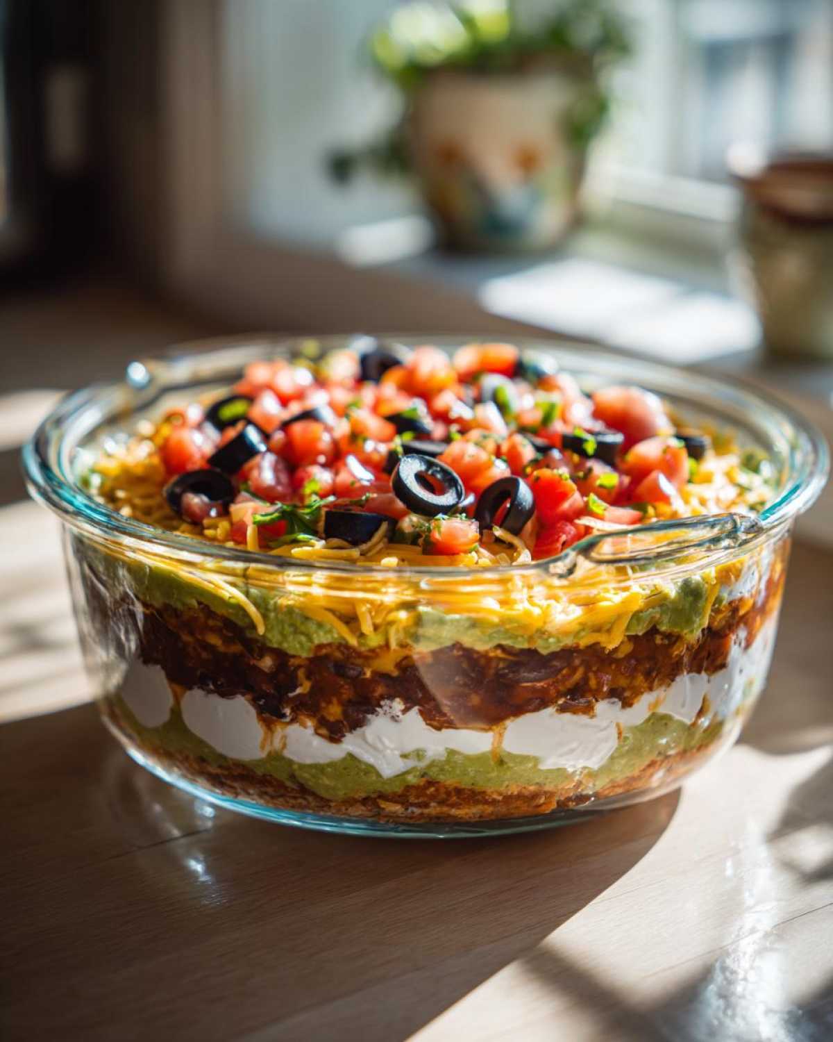 A clear glass dish showcasing the distinct layers of a Seven layer dip, topped with tomatoes and black olives.