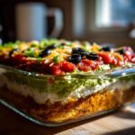 A close-up, low-angle view of a freshly made Seven layer dip layered in a clear glass baking dish.