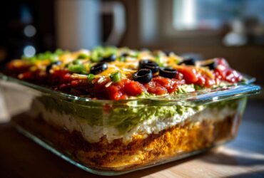 A close-up, low-angle view of a freshly made Seven layer dip layered in a clear glass baking dish.