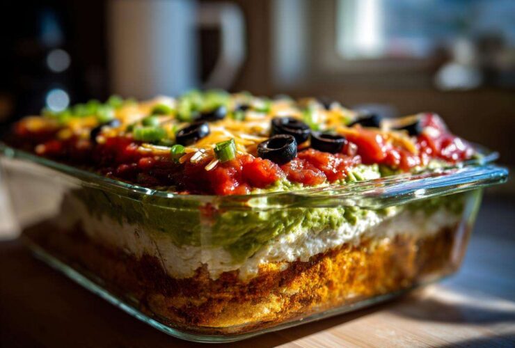 A close-up, low-angle view of a freshly made Seven layer dip layered in a clear glass baking dish.
