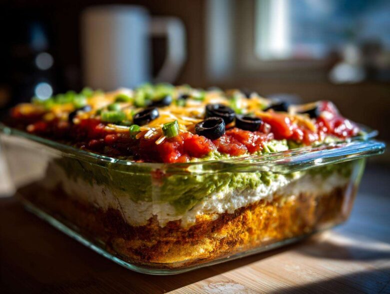 A close-up, low-angle view of a freshly made Seven layer dip layered in a clear glass baking dish.