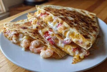 Close-up of two wedges of a golden-brown shrimp quesadilla overflowing with melted cheese, shrimp, and peppers.