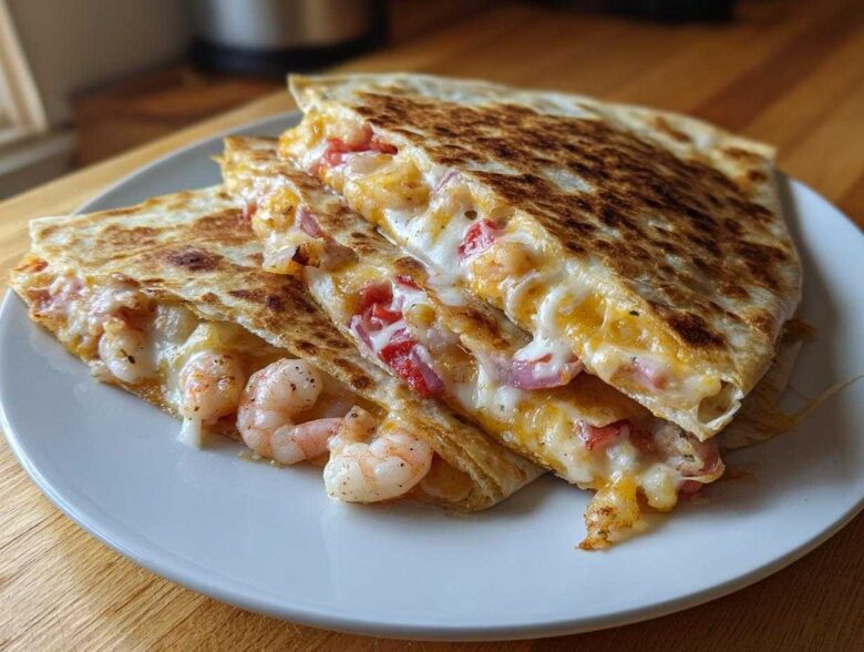 Close-up of two wedges of a golden-brown shrimp quesadilla overflowing with melted cheese, shrimp, and peppers.