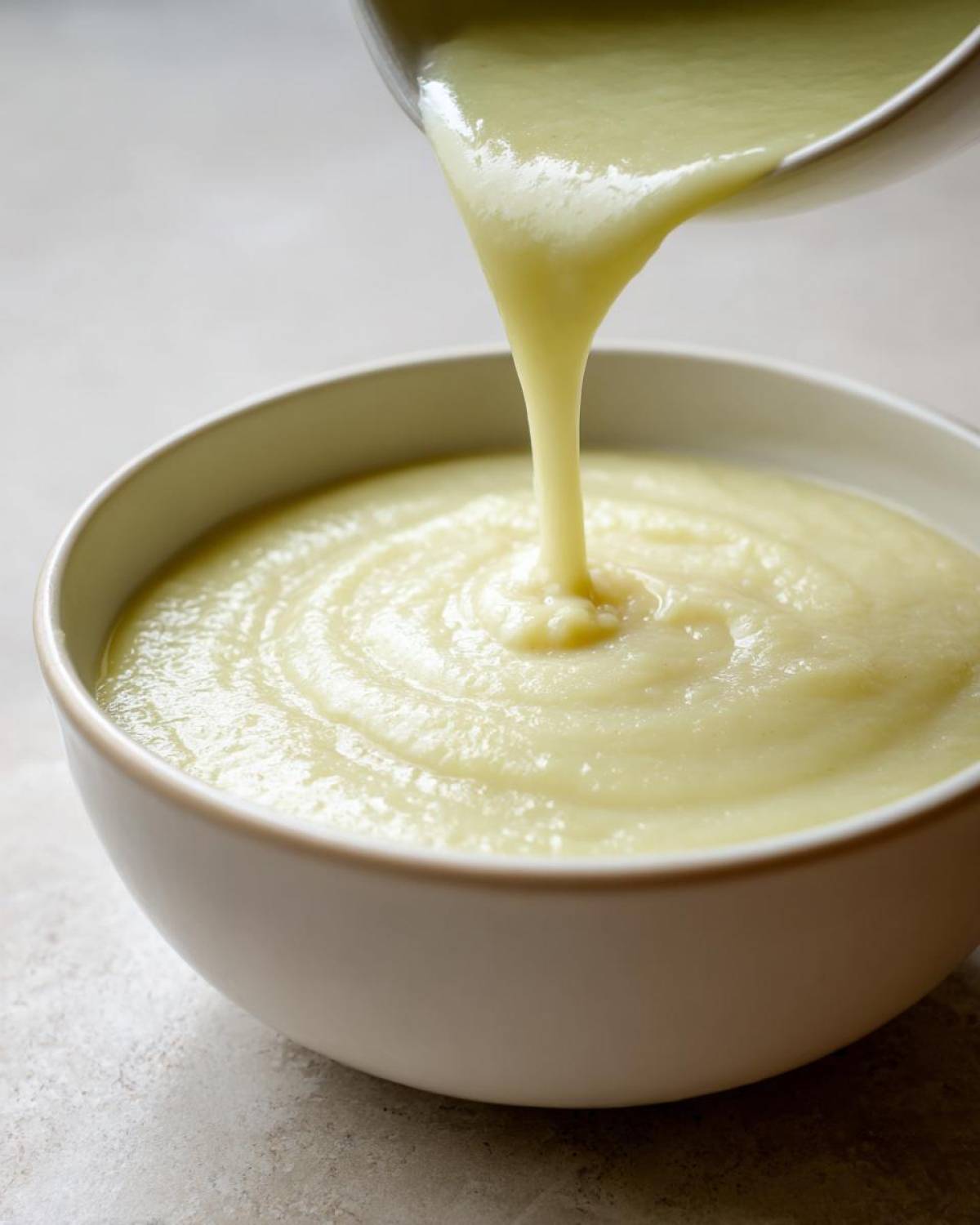 Close-up of creamy, pale green leek soup being poured from a ladle into a white bowl.