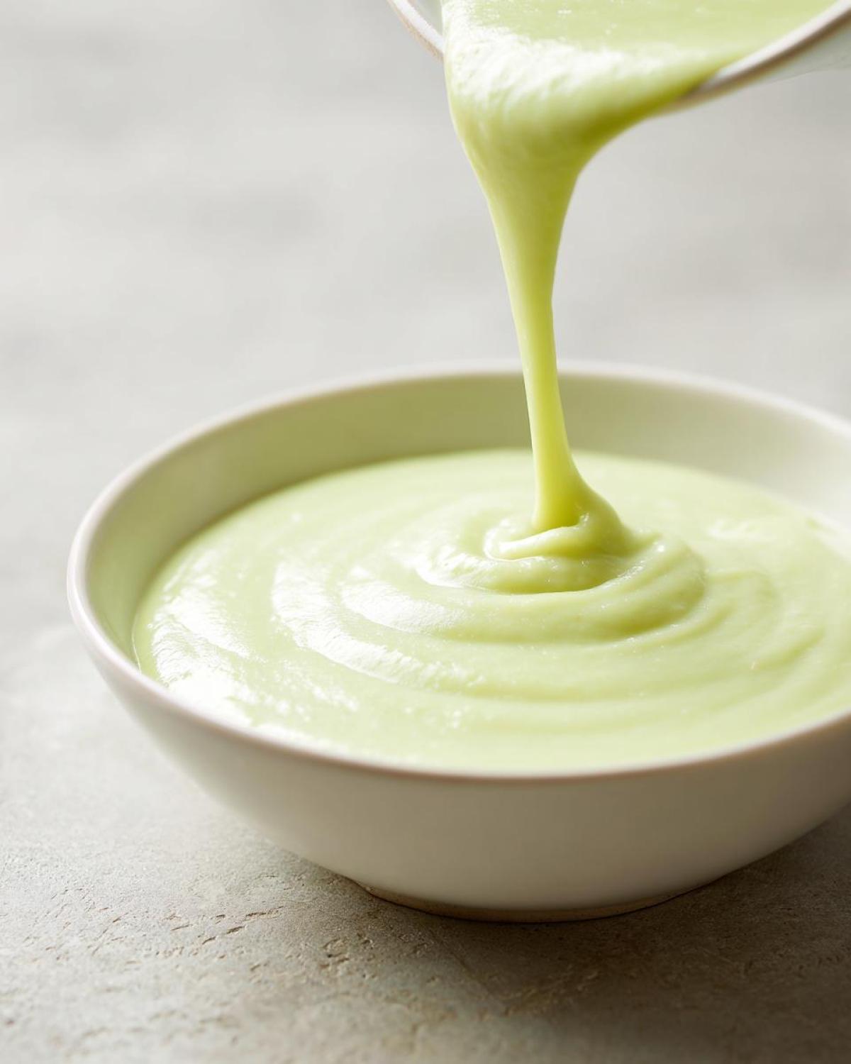 Close-up of silky, light green leek soup being poured into a white bowl, showing its smooth texture.