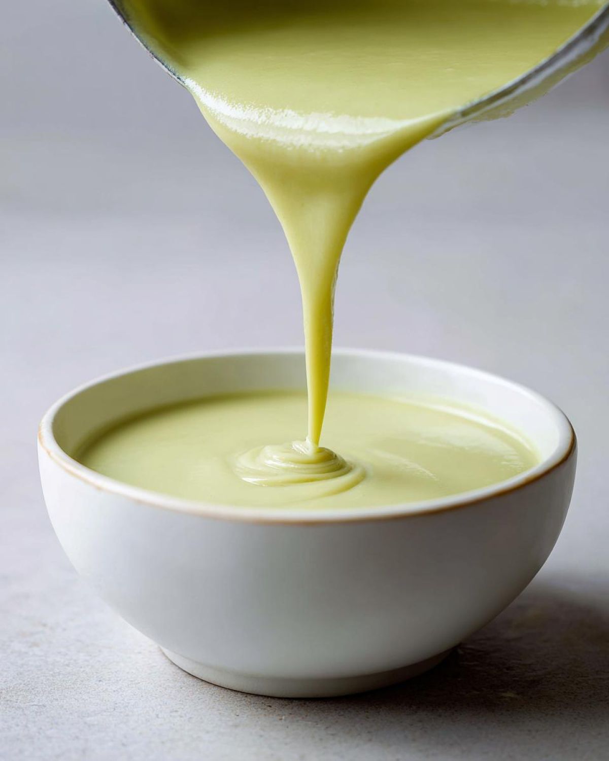 Close-up of silky, pale green leek soup being poured from a ladle into a white bowl.