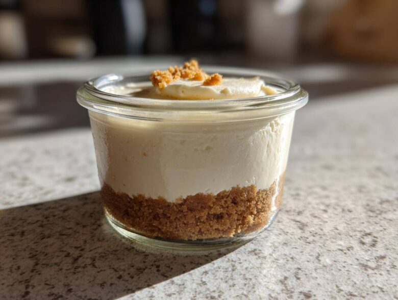 A single serving Protein Cheesecake layered in a small glass jar with a graham cracker crust and crumb topping.