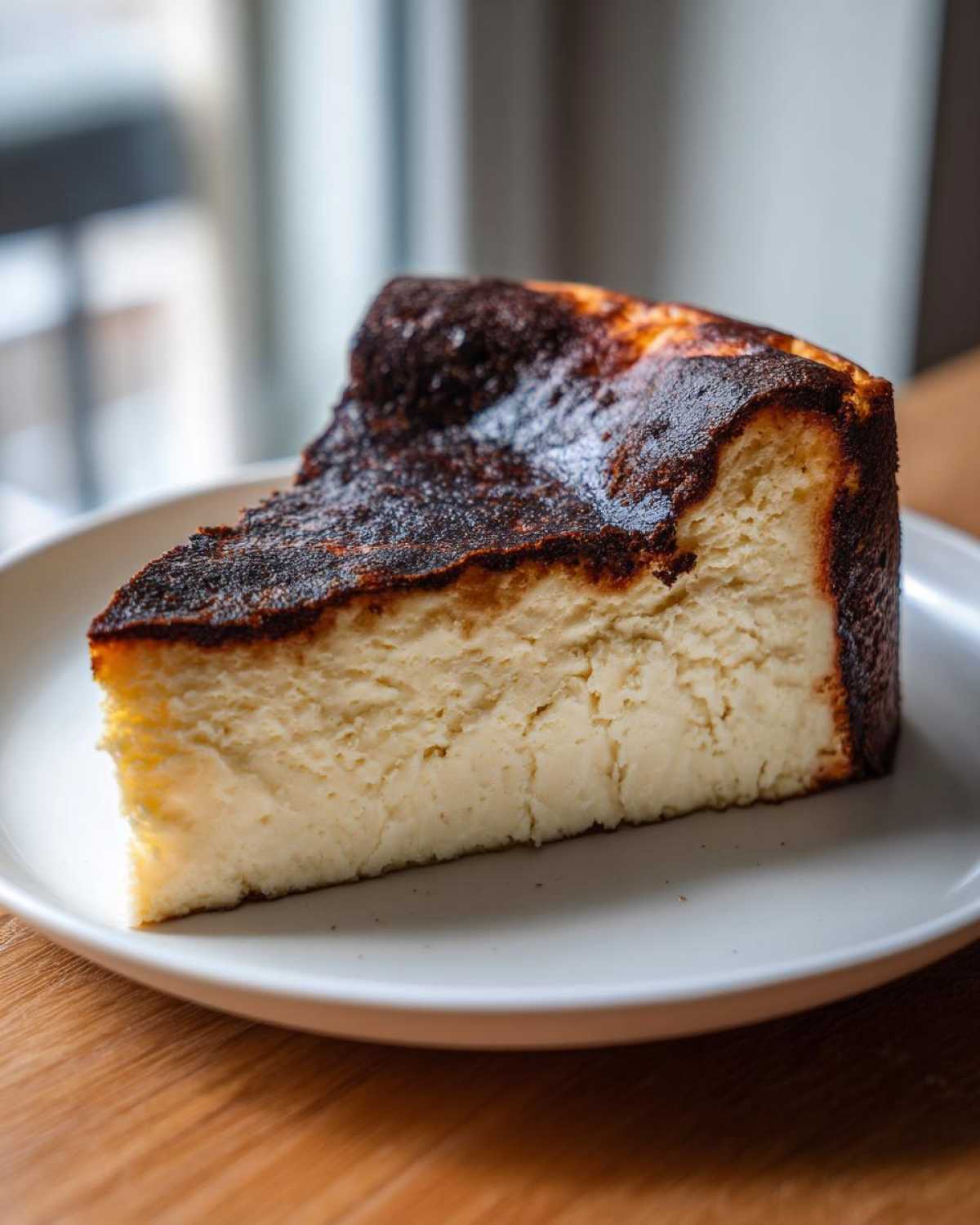 A thick slice of Basque burnt cheesecake with a deeply caramelized, dark top, served on a white plate.