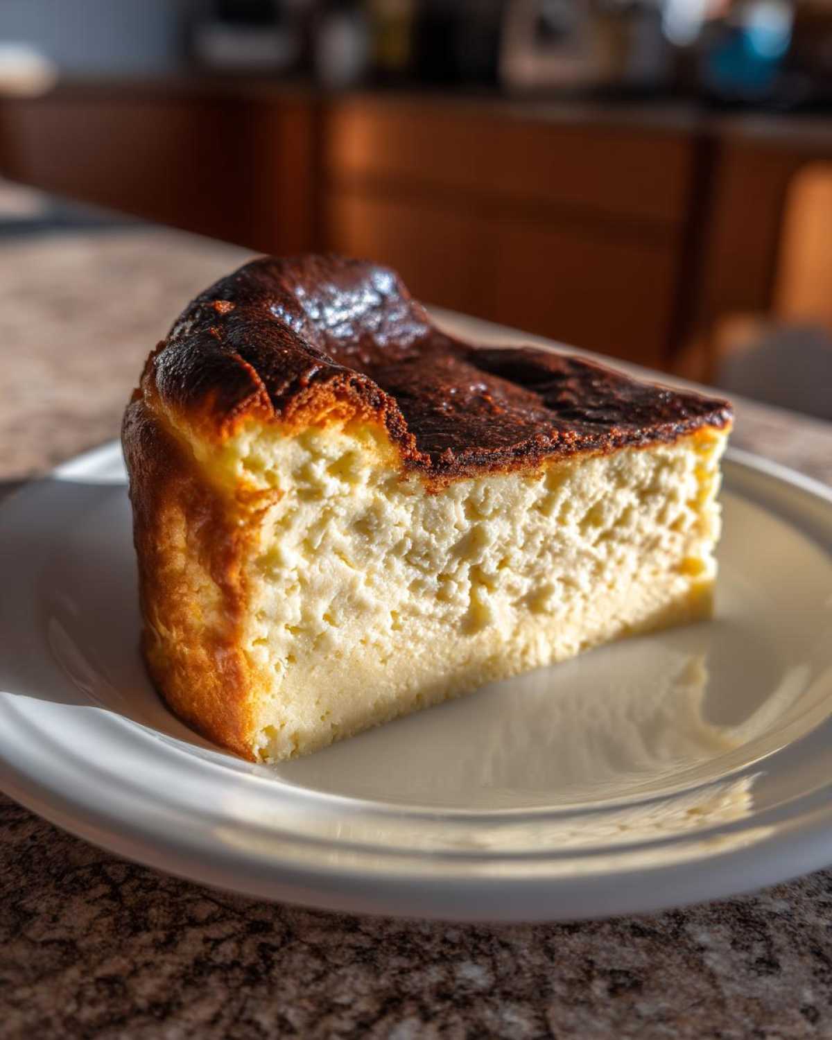 A thick slice of creamy Basque burnt cheesecake with a dark, caramelized top, sitting on a white plate.