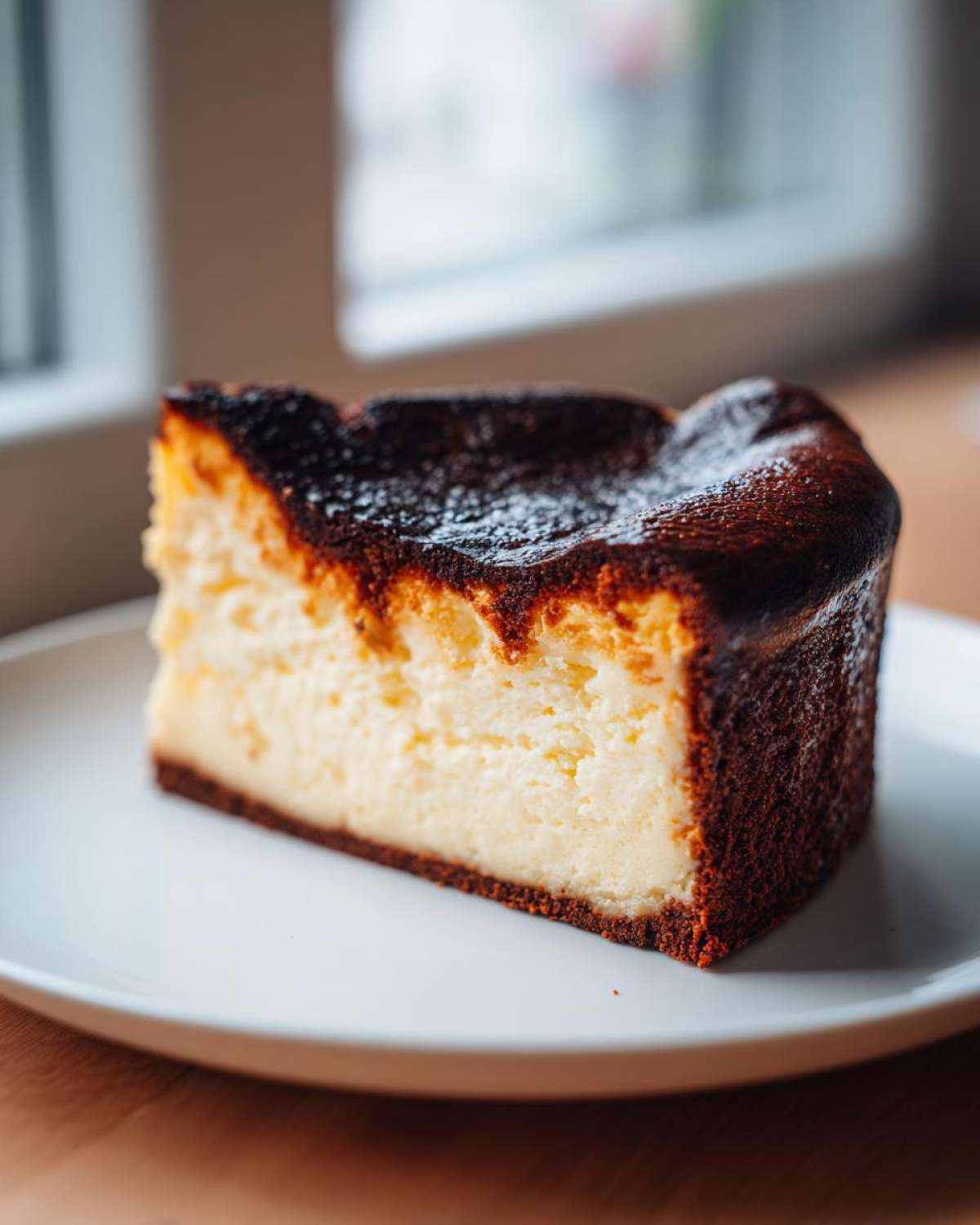 A thick slice of Basque burnt cheesecake with a dark, caramelized top, served on a white plate.