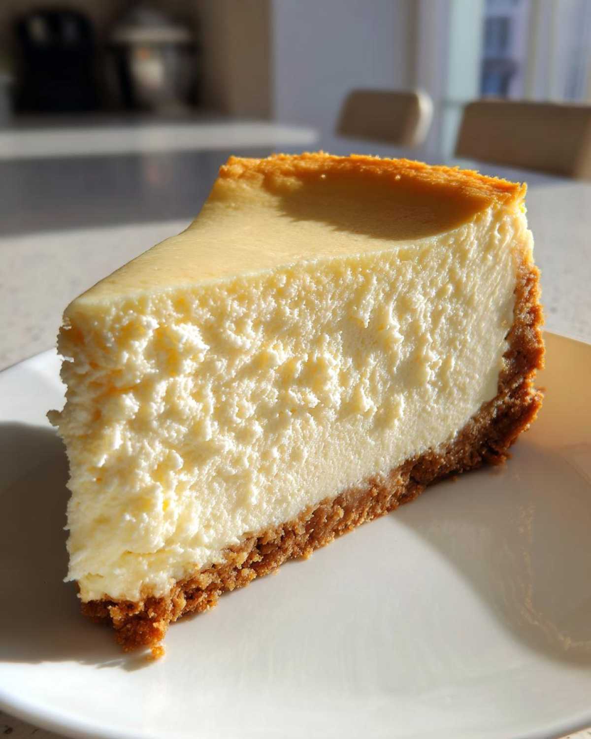 A close-up, sunlit slice of creamy cheesecake with a thick graham cracker crust, illustrating the amazing cheesecake recipe.