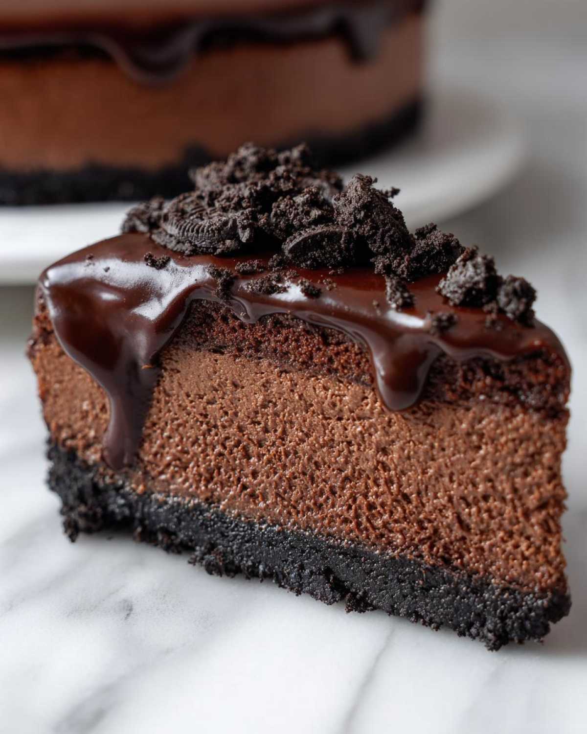 A close-up of a rich slice of chocolate cheesecake with a dark crust, chocolate filling, ganache drizzle, and cookie crumbs.
