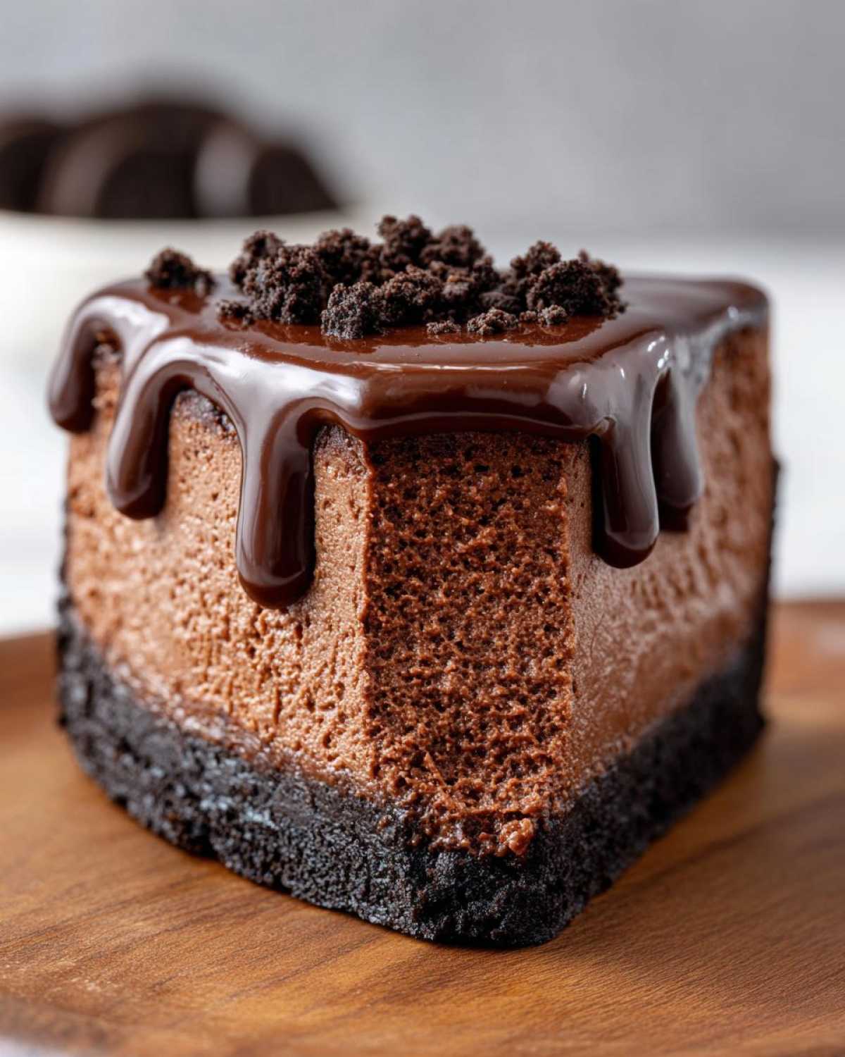 Close-up of a rich slice of chocolate cheesecake with a thick chocolate ganache drip and cookie crumbles.