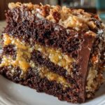 Close-up of a rich slice of german chocolate cake showing dark layers, coconut pecan filling, and chocolate frosting.