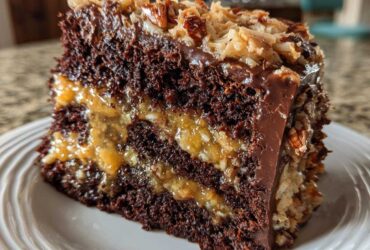 Close-up of a rich slice of german chocolate cake showing dark layers, coconut pecan filling, and chocolate frosting.