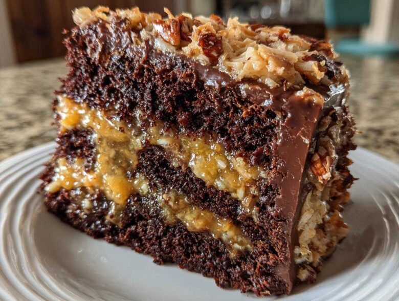 Close-up of a rich slice of german chocolate cake showing dark layers, coconut pecan filling, and chocolate frosting.