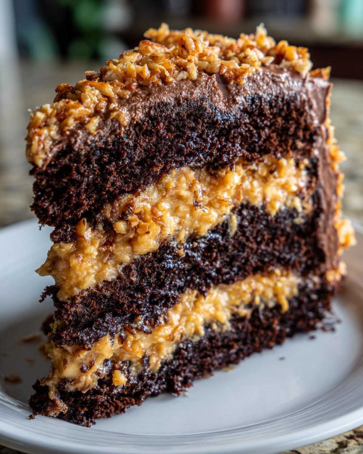 Close-up of a slice of german chocolate cake recipe showing three dark chocolate layers and coconut-pecan filling.