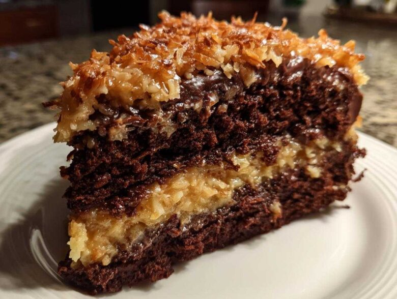 Close-up of a moist slice of german chocolate cake recipe showing dark chocolate layers and coconut-pecan filling.