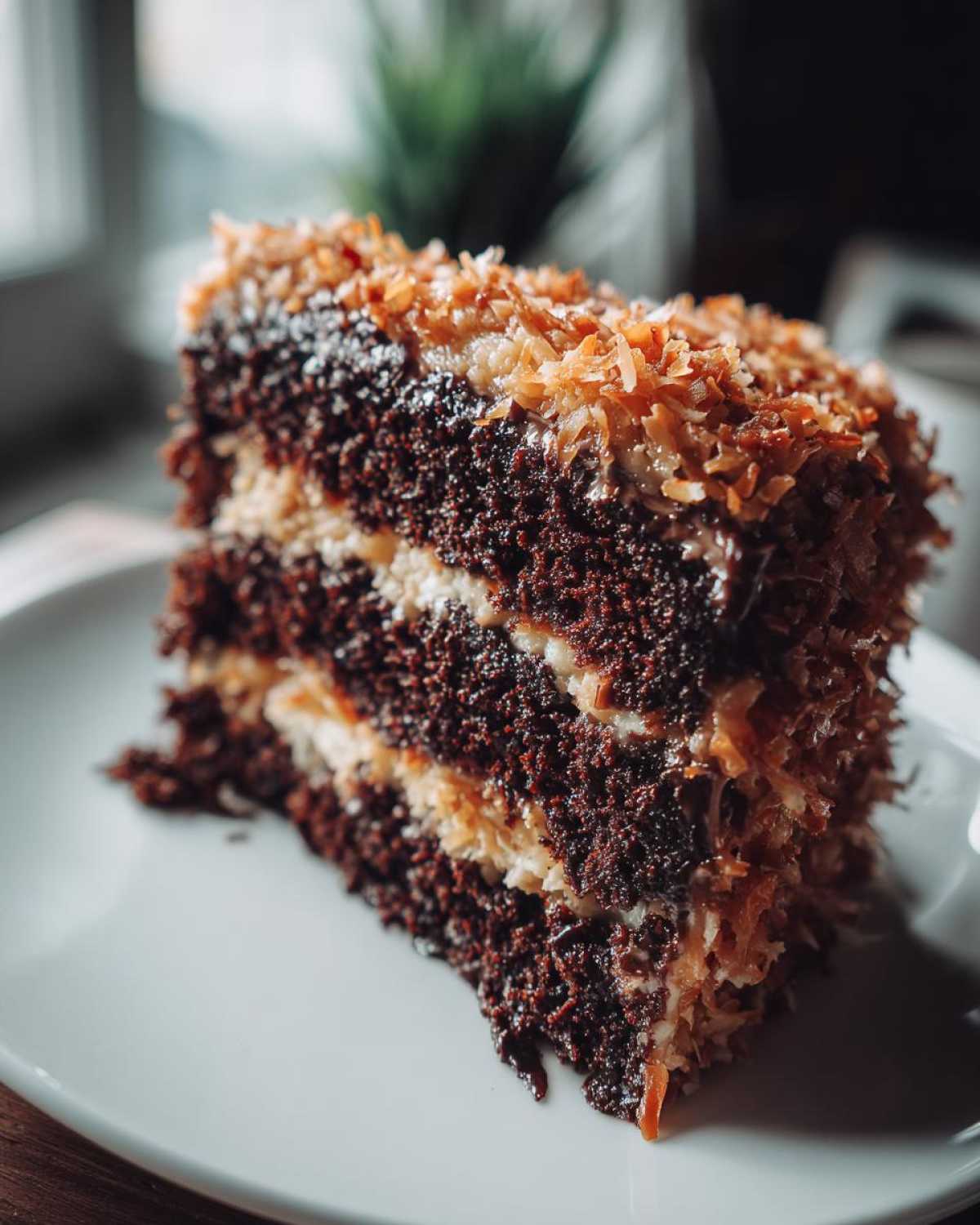 A decadent slice of german chocolate cake recipe showing three layers of dark chocolate cake separated by creamy filling and topped with toasted coconut.