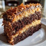 Close-up of a moist slice of german chocolate cake recipe showing dark chocolate layers and coconut-pecan frosting.