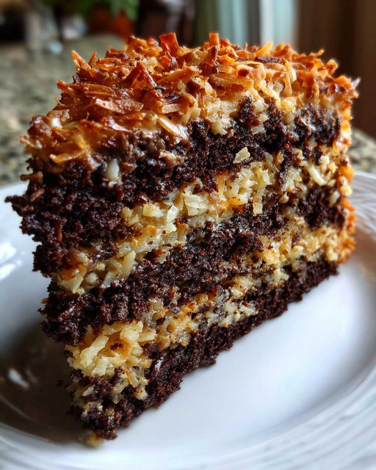 Close-up of a rich, multi-layered slice of german chocolate cake recipe with coconut-pecan frosting.