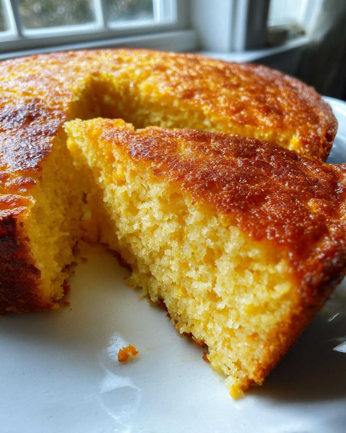 Close-up of a thick slice of moist, golden cornbread casserole showing its crumb texture and caramelized top.