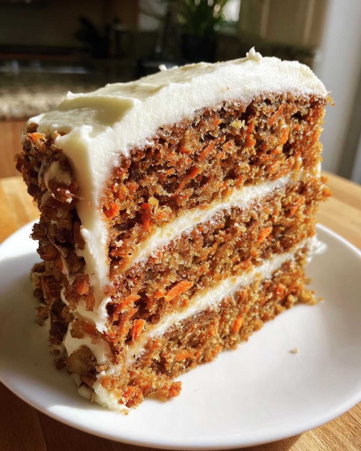 Close-up of a thick slice of three-layer carrot cake recipe with rich cream cheese frosting.