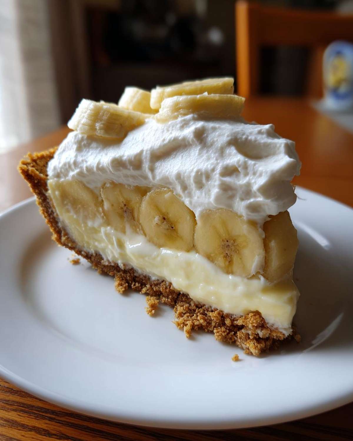 A perfect slice of banana cream pie recipe featuring a graham cracker crust, thick custard, sliced bananas, and whipped cream topping.