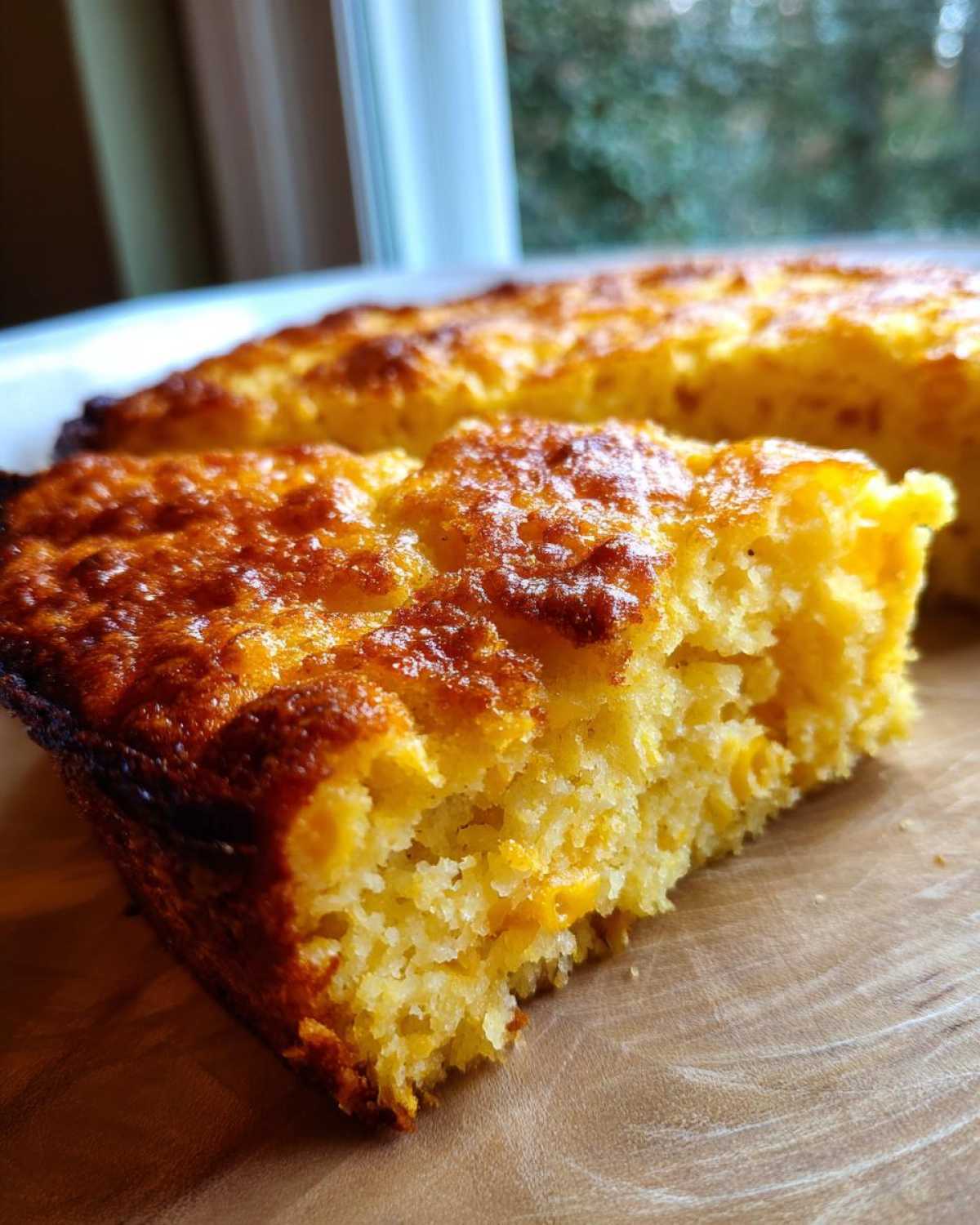 A close-up, golden-brown slice of moist cornbread casserole resting on a wooden surface.