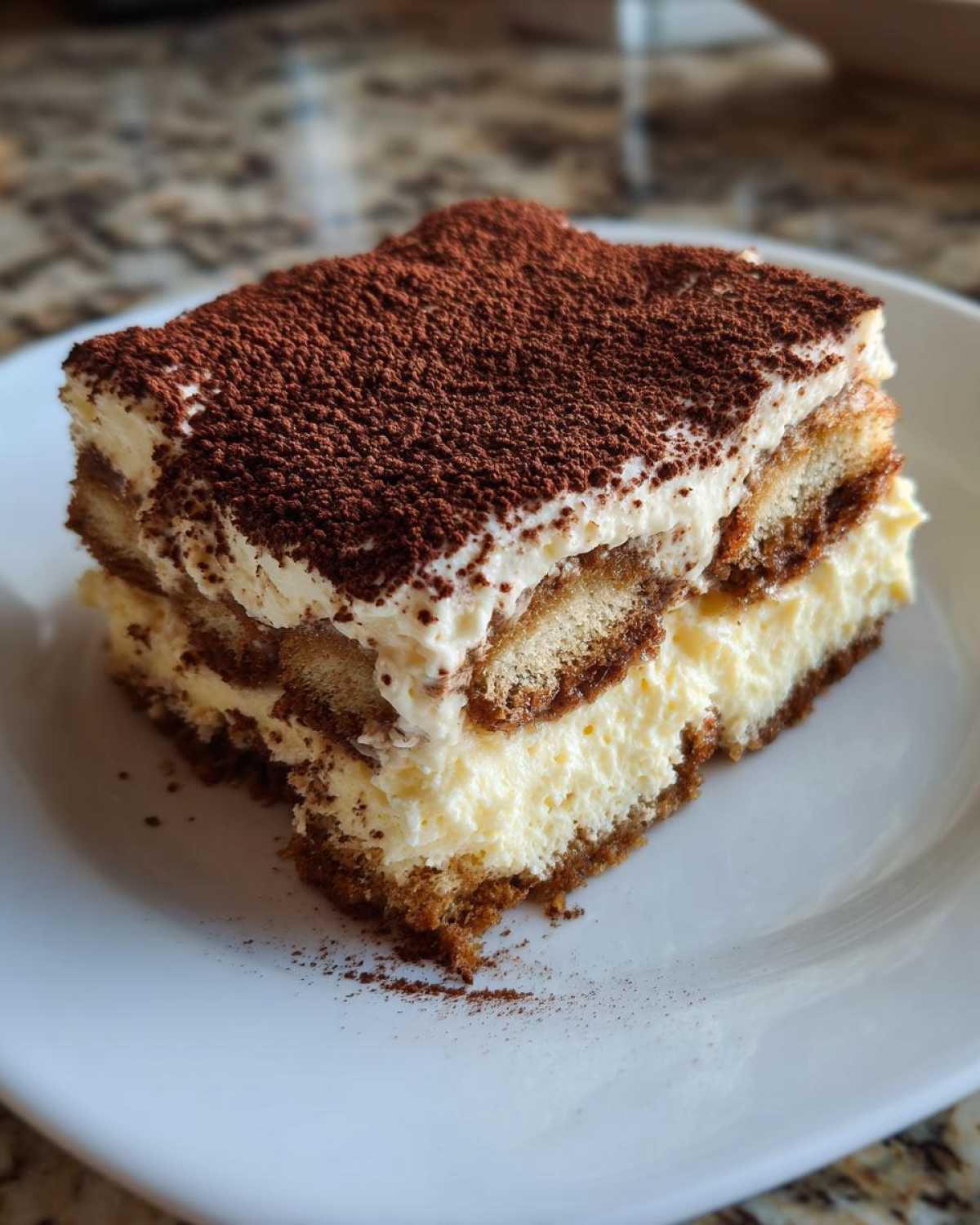 A perfect slice of creamy tiramisu recipe layered with ladyfingers and dusted heavily with cocoa powder.