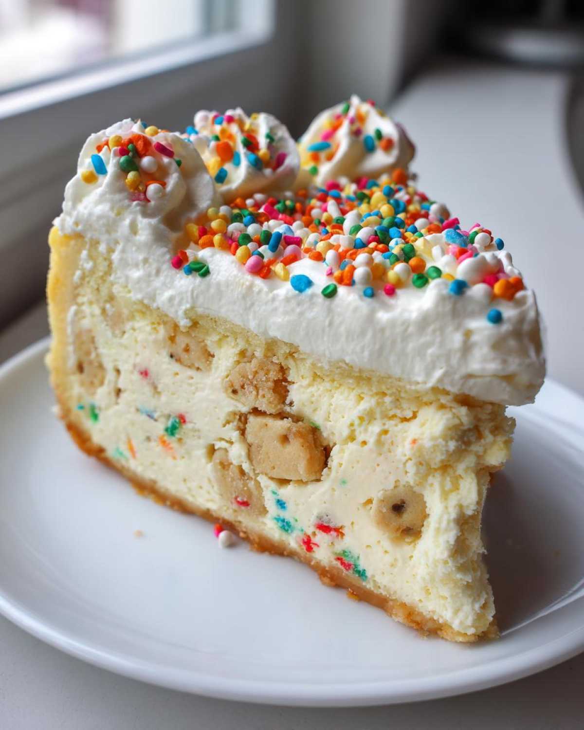 A generous slice of sugar cookie cheesecake topped with whipped cream and colorful sprinkles.