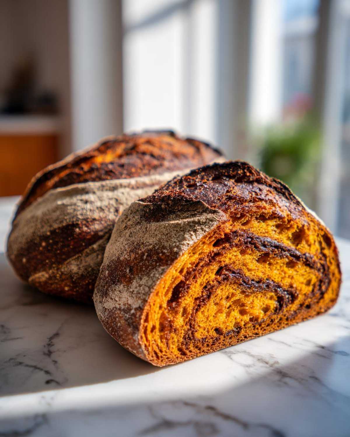 A close-up of a deeply caramelized pumpkin sourdough loaf, one half sliced to show the vibrant orange crumb and dark swirl.