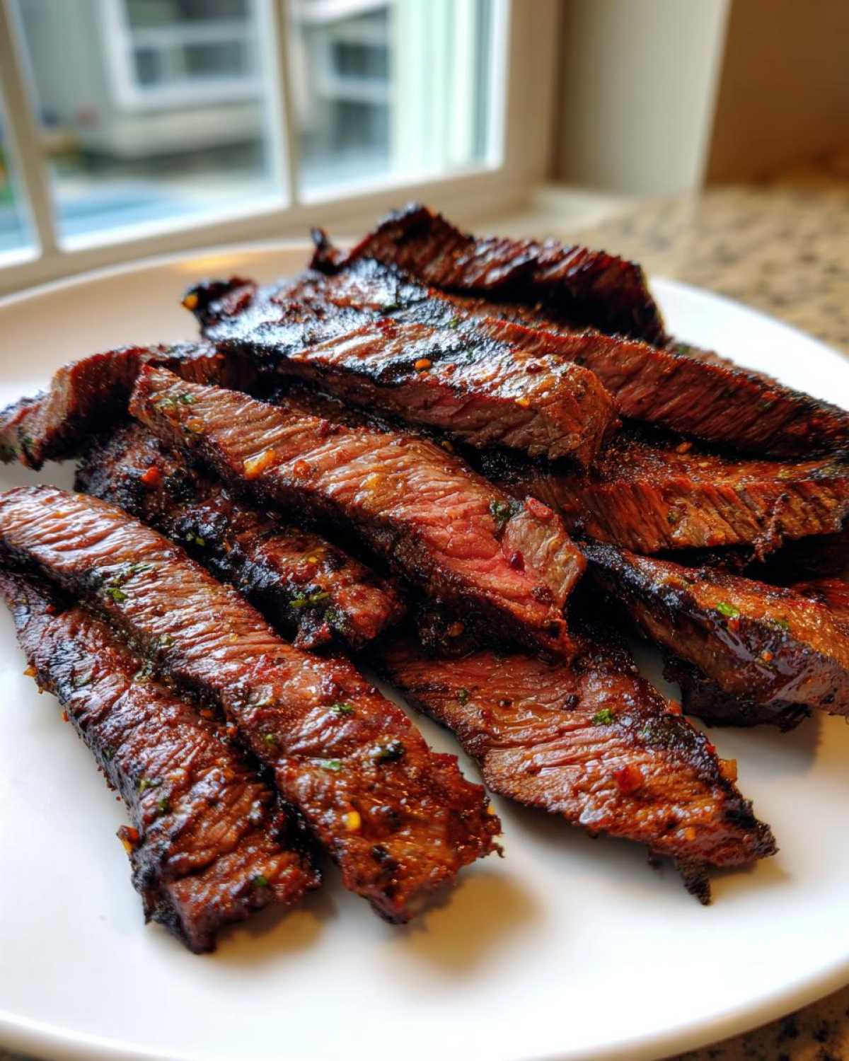 Close-up of perfectly grilled and sliced steak showing a medium-rare center, coated in the flavorful carne asada marinade.