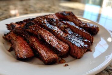 Slices of medium-rare steak resting on a white plate, showing the rich color from the carne asada marinade.