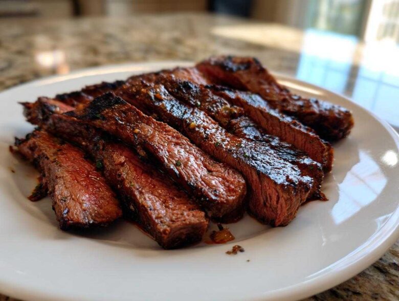 Slices of medium-rare steak resting on a white plate, showing the rich color from the carne asada marinade.