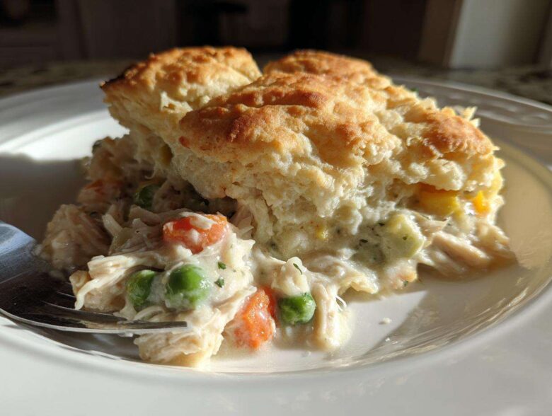 A serving of creamy slow cooker chicken pot pie topped with a golden biscuit, featuring shredded chicken, peas, and carrots.