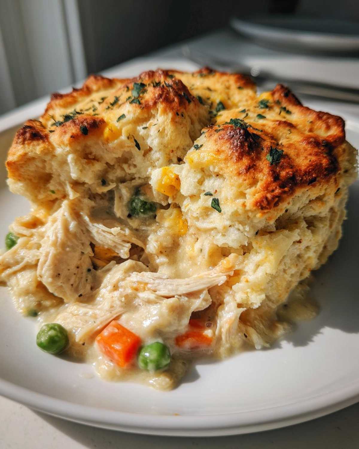 Close-up of a serving of creamy slow cooker chicken pot pie topped with a golden, fluffy biscuit crust and sprinkled with parsley.