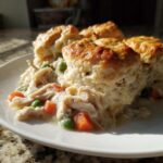 A serving of creamy slow cooker chicken pot pie topped with golden, flaky biscuits on a white plate.