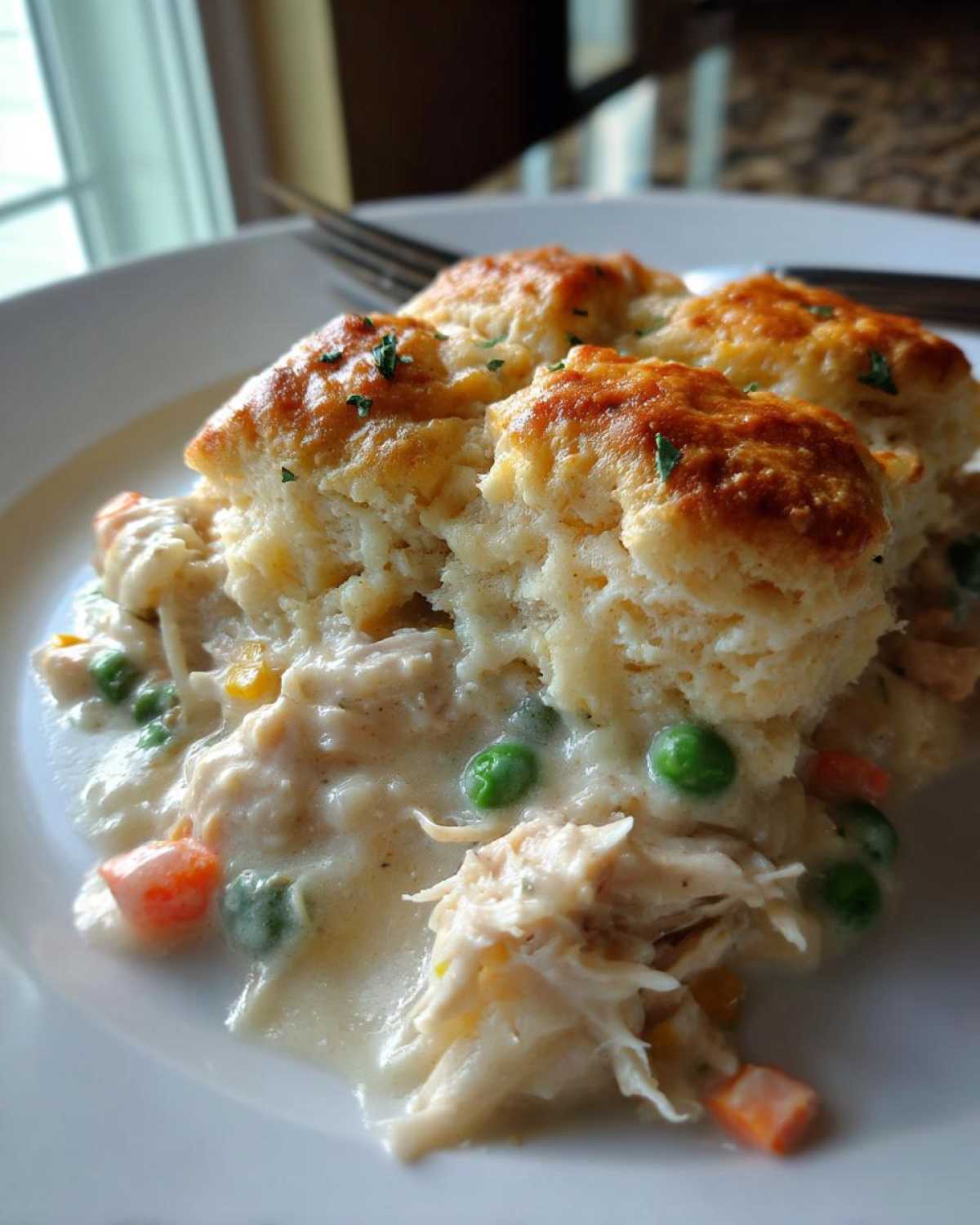 Close-up of a serving of creamy slow cooker chicken pot pie topped with golden biscuits and garnished with parsley.