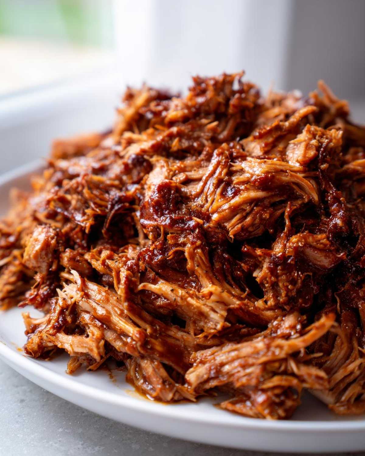 Close-up of shredded, saucy Slow cooker pulled pork piled high on a white serving platter.